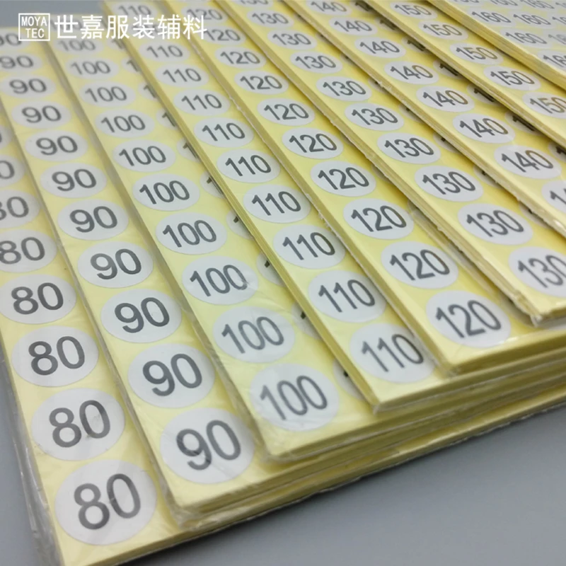 

Stock printed white number 60-190 size label stickers,number tags,Garment size label Round paper size sticker 3036pcs