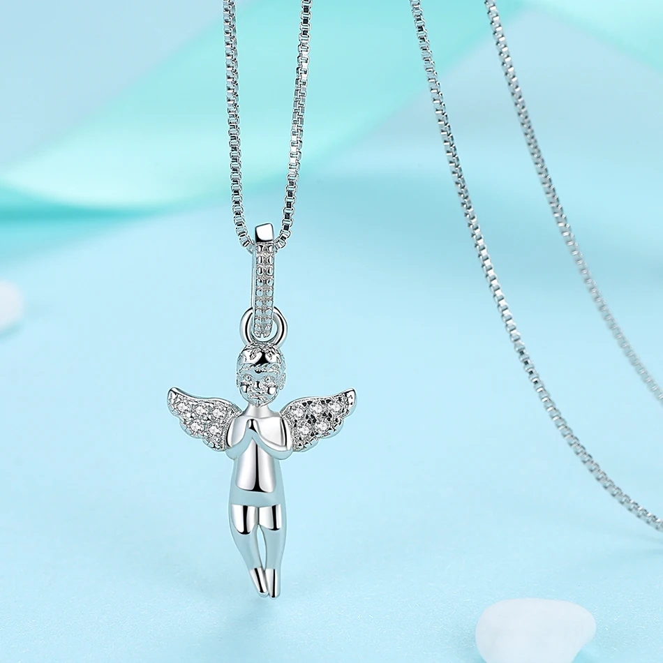ELESHE Genuine 925 Sterling Silver Cross Necklace Fashion Jewelry Crystal Angel with Wings Pendant Necklace for Women Girls Gift
