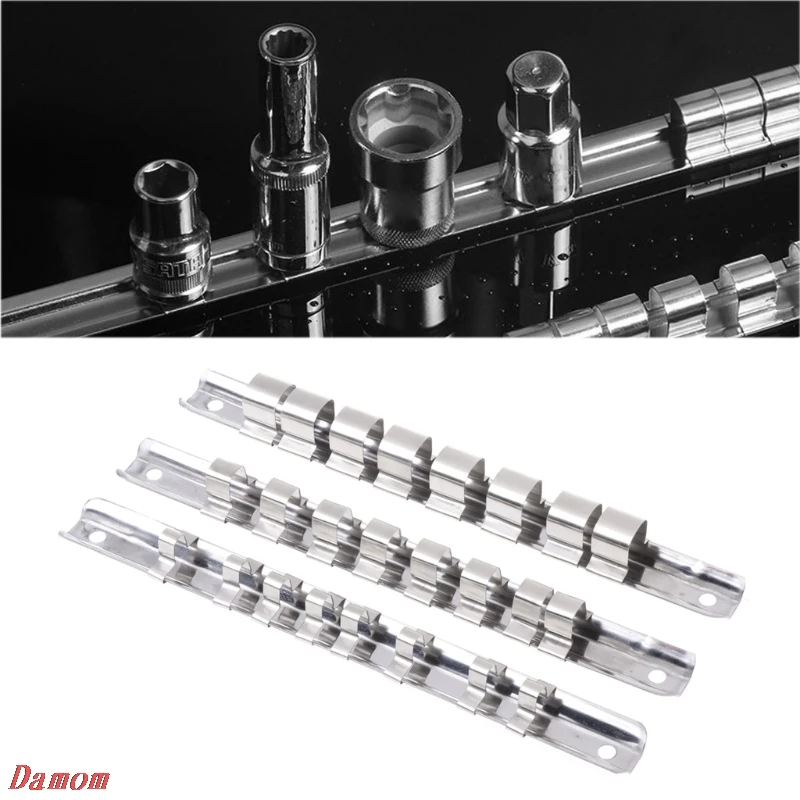 Socket Rack Holder 1/4" 3/8" 1/2" with 8 Clips On Rail Tool Organizer Storage