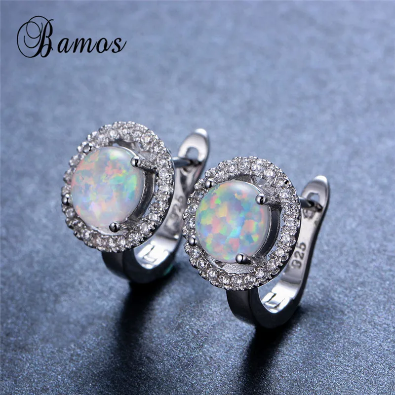

Bamos Sparkling Round AAA Zircon White Fire Opal Hoop Earrings For Women 925 Sterling Silver Filled Bridal Wedding Jewelry Gifts