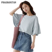 Женская новая футболка с круглым вырезом и рукавом-бабочкой Женская модная однотонная Повседневная Топ Женская свободная хлопковая футболка высокого качества JQ429