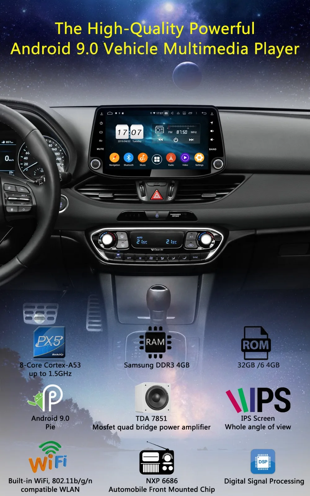 Discount 9" IPS Octa Core 4G RAM+64G ROM Android 9.0 Car DVD Radio GPS For Hyundai I30 2017 2018 2019 DSP CarPlay Parrot BT Stereo Adas 1