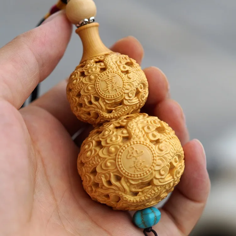 

TNUKK Delicate Lovely Chinese Traditional Handicrafts Lucky Boxwood Gourd,Carved with Beautiful Dragon Design