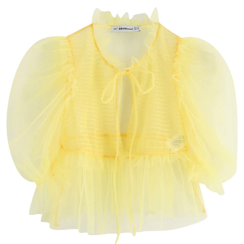 

Fandy Lokar Loose Short Sleeve Blouses Women Fashion Mesh Shirts Women Elegant Puff Sleeve Tops Female Ladies GP