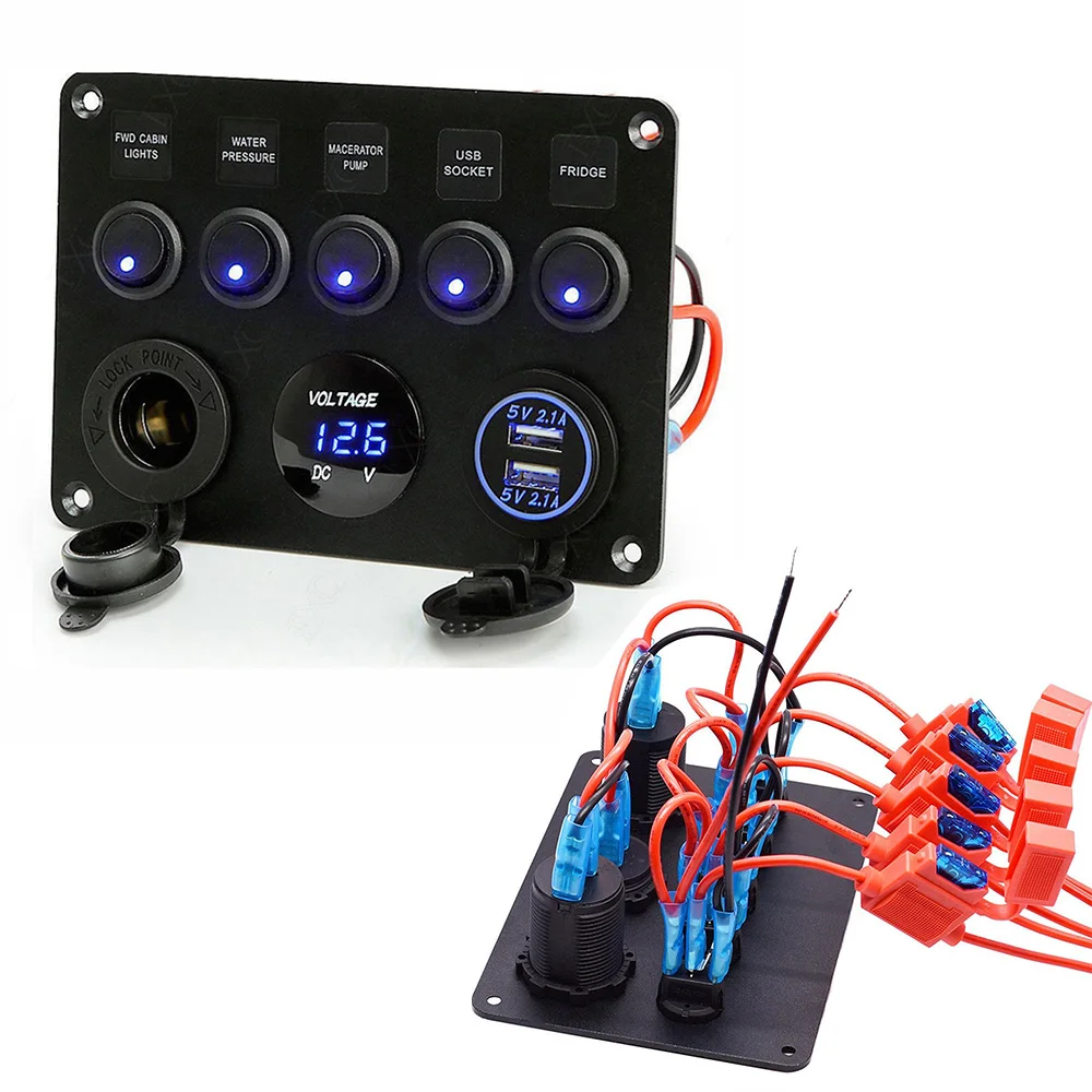 5 Gang Dual USB 12V On-Off LED Switch Panel Voltmeter Car Boat Marine 120 Decals