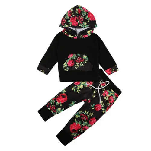 

Baby Clothing 2017 New Baby Boy Girl Outfits Flower Clothes T-Shirt Long Sleeve Hooded Tops+ Floral Pants Set
