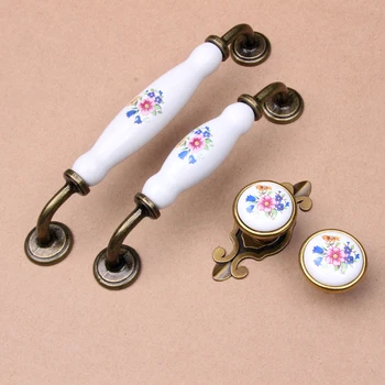 Door Handle Vintage Ceramic Metal Flower White Bronze Door Handles Kitchen Cabinet Wardrobe Cupboard Drawer Pull Knobs