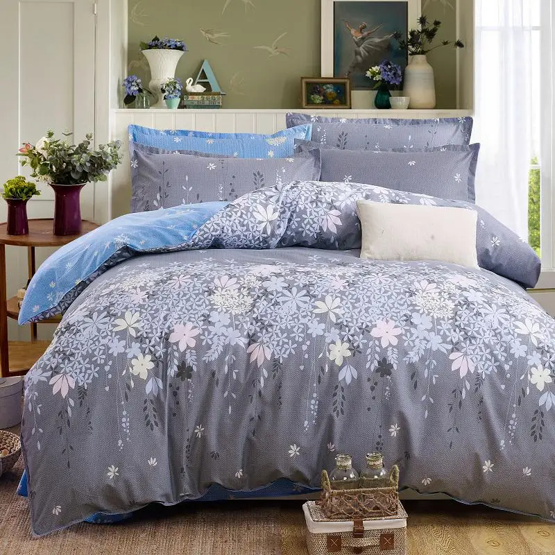  Classic bedding set 5 size grey blue flower bed linens 4pcs/set duvet cover set Pastoral bed sheet 