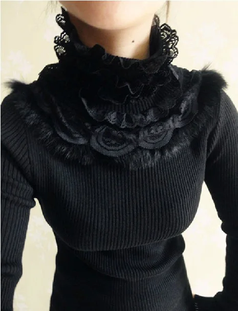 2015 autumn and winter women lace medium long basic black turtleneck long sleeve tight fitting 