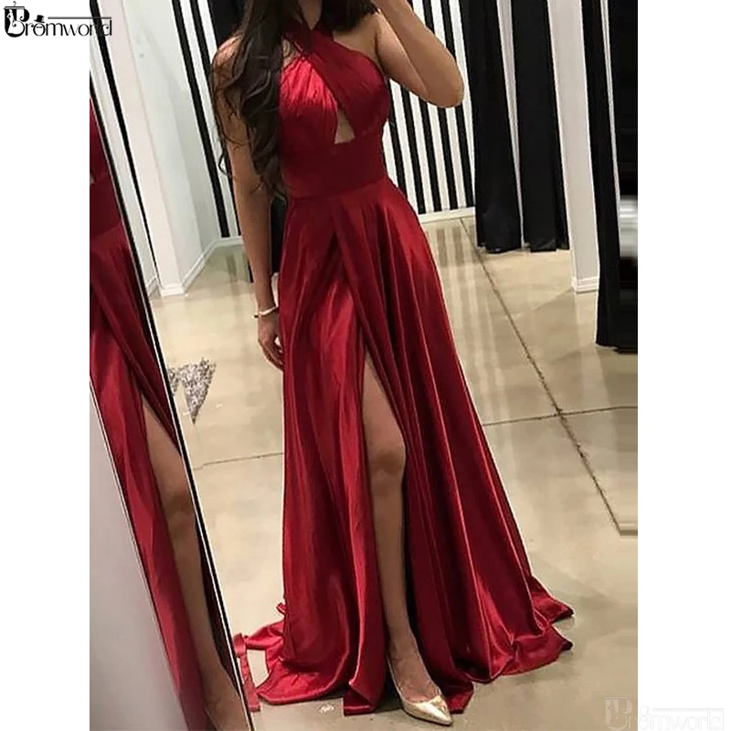 de rojos, 2021 pliegues, largo hasta el suelo, sin mangas, con abertura frontal, vestido de para fiesta, vestido largo Simple|Vestidos de graduación| - AliExpress