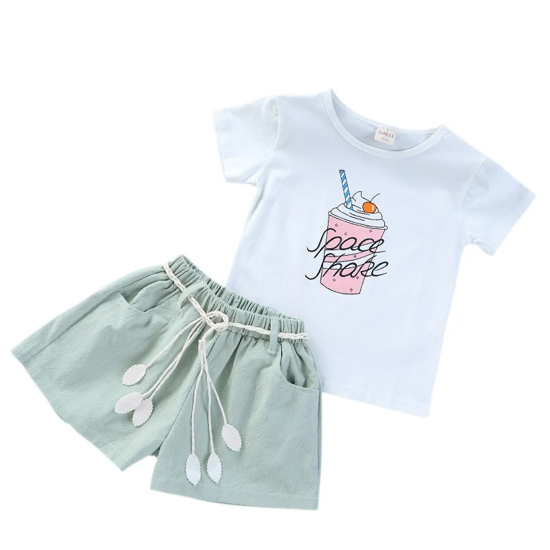 

fashion baby Girls Clothes Girls Summer Set Shorts + Korean Wave Cotton Short Sleeve Two-Piece set