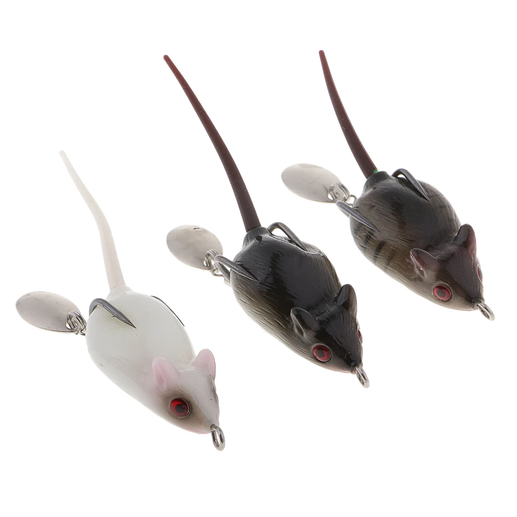 Inzopo 3pcs/pack Topwater Mouse Fishing Lures Mice Bait Rat Fishing Lures Spinnerbaits 10cm/10g White+Black+Black with Streak