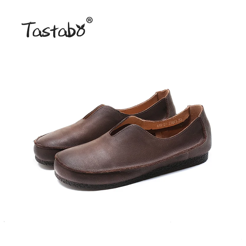 Tastabo/кожаная женская обувь; цвет бежевый, коричневый; удобная повседневная обувь на мягкой подошве; обувь ручной работы в диком стиле; однотонная обувь - Цвет: Brown