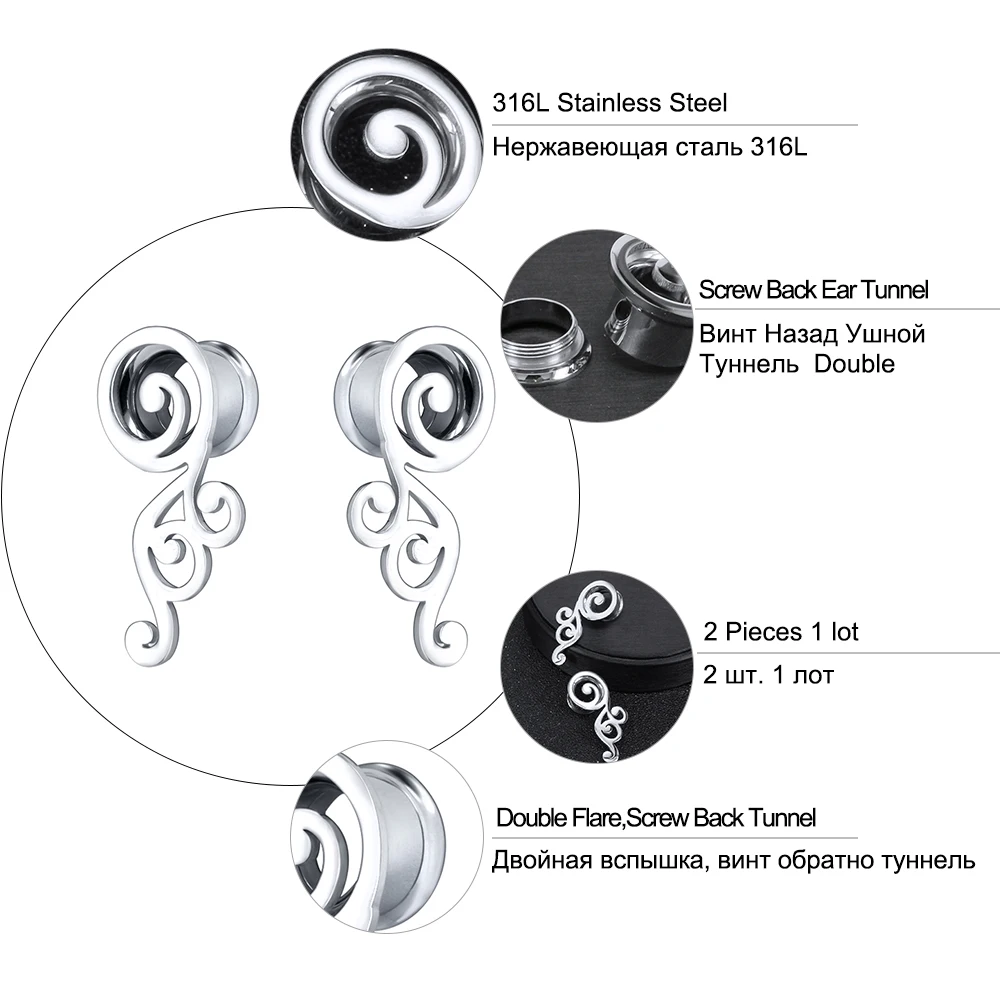 ZS 2 шт серьги из нержавеющей стали пробки и тоннели винтовые ушные Туннель Серьги-Плаги для пирсинга расширители растягивающиеся расширители oreja пирсинг