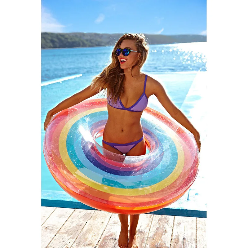 

2018 New inflatable rainbow swim ring Adult and children life preserver thick water circle PVC