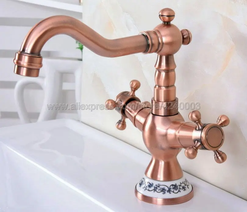

Antique Red Copper Bathroom Basin Sink Faucet Double Handle Single Hole Mixer Tap Deck Mounted Knf615