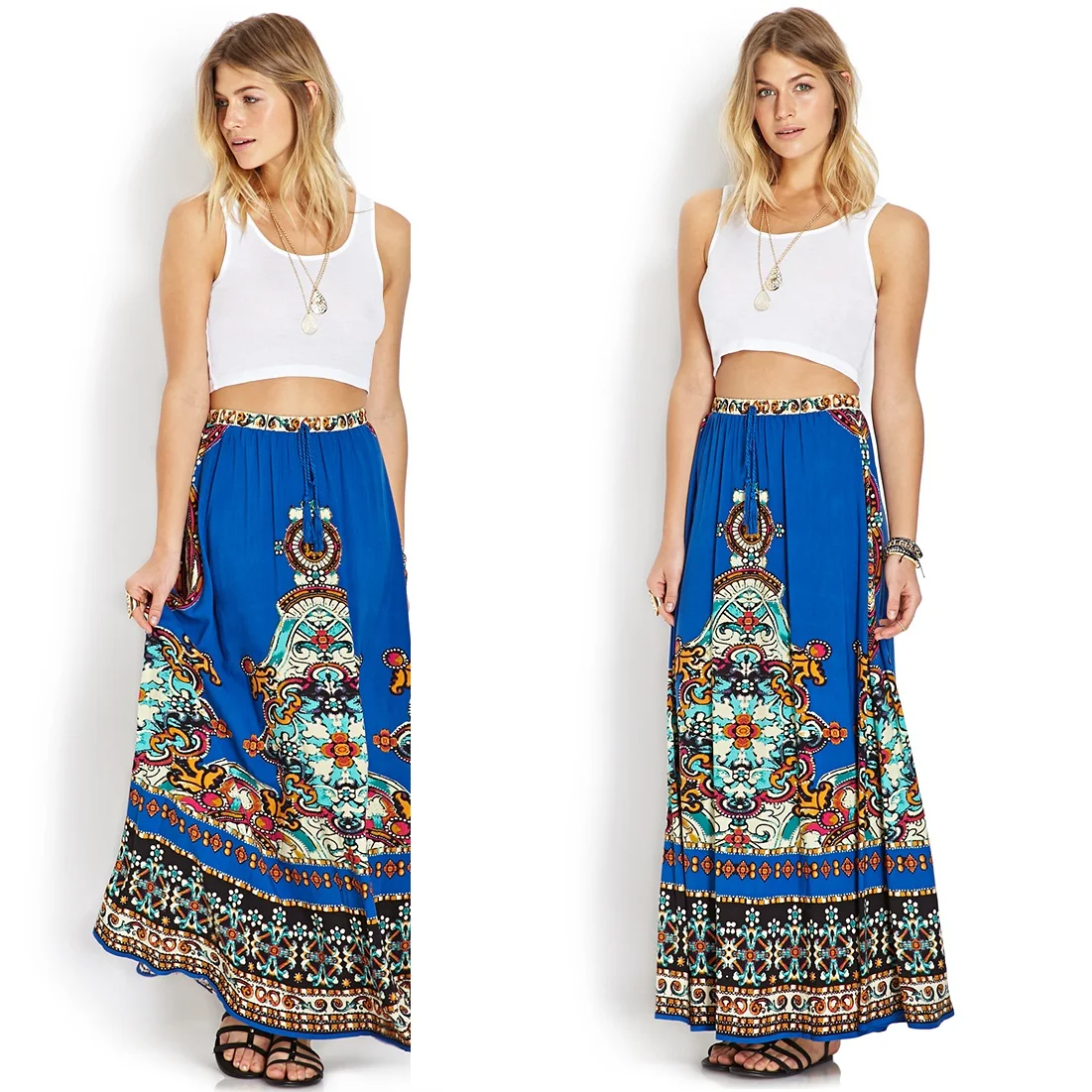 Boshow Palazoo Maxi Faldas Saia longa boho De Verano Blue Aztec Print