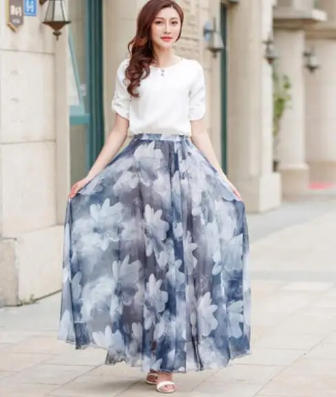 New XS-4XL summer style chiffon skirts womens plus size high waist chiffon Butterfly print maxi skirts - Цвет: 11
