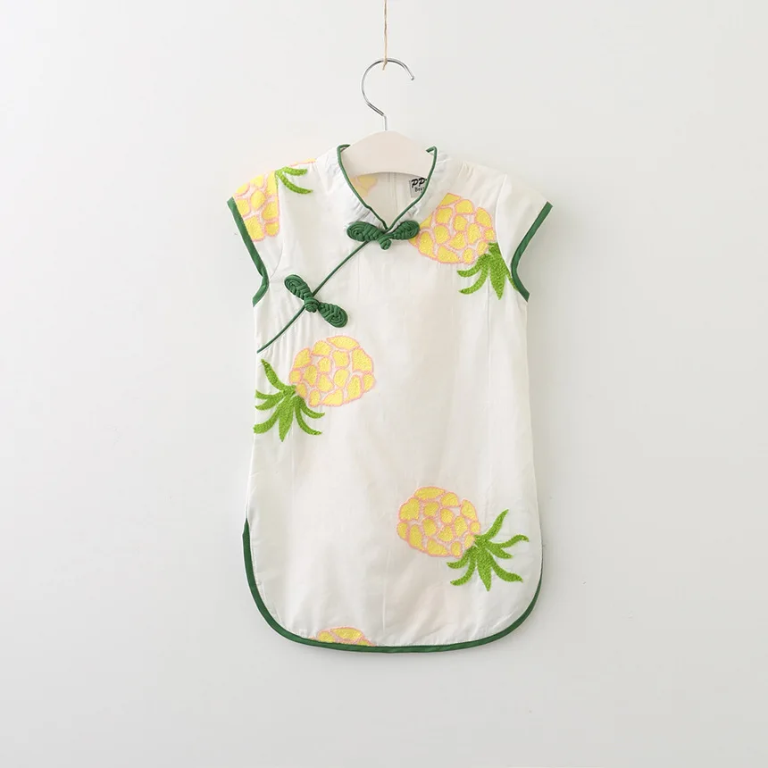 

PPXX 2019 Baby Girl Dress Chinese Style Embroidery Floral Pineapple Princess Short Sleeve Summer Girls Party Beach Kids Clothing