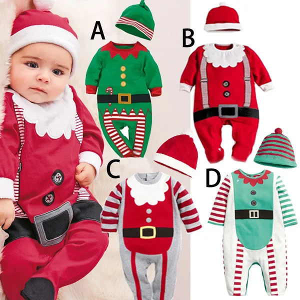 Рождественский красный зеленый праздничный костюм со шляпой для новорожденных; костюм Санта Клауса; новогодний комбинезон с длинными рукавами; домашняя одежда