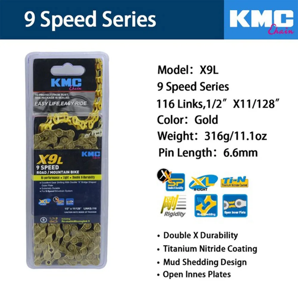 Цепь для велосипеда KMC X8 X9 X10 EPT X9L X10L X11LBike 9S 10S 11 S Gold MTB/Road Bike fo Shimano/SRAM 8 9 10 speed 116L/Chain