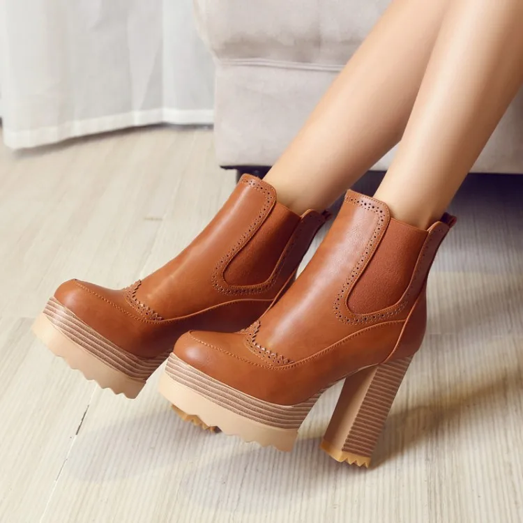 

2018 Women Ankle Boots Square High Heel Synthetic Leather Round Toe Platform Women Motorcycle Ankle Boots Size 34-42.