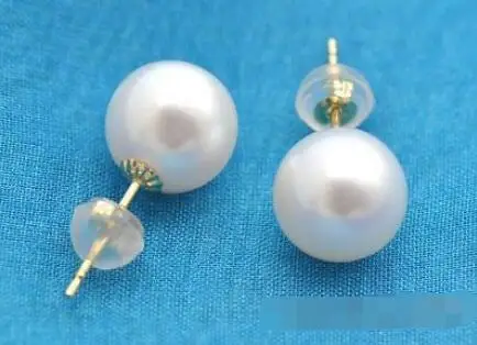 

Free Shipping >>>> new hot 9mm round white FW pearl earring 18k gold stud