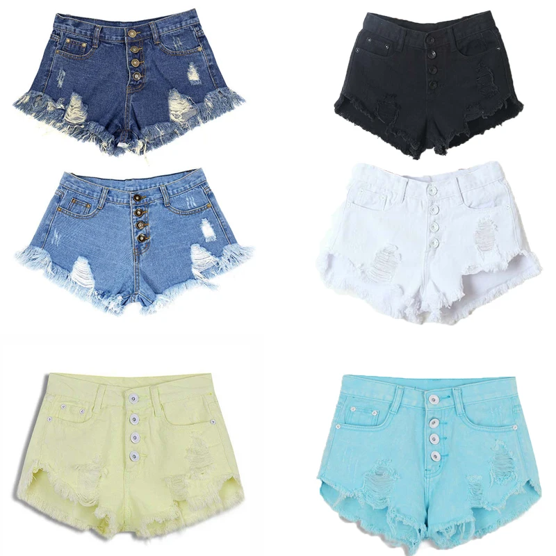 Mini Pantalones cortos 4 Botones sexy ripped short Vaqueros femenino 2018 agujero blanco azul Pantalones cortos Mediados de cintura Denim Pantalones cortos mujeres Pantalones|waist denim shorts|denim shorts women -