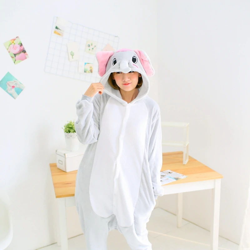 Для взрослых кигуруми Onesie аниме женский костюм слон Хэллоуин косплей мультфильм животных пижамы зимние теплые фланелевые пижамы с капюшоном