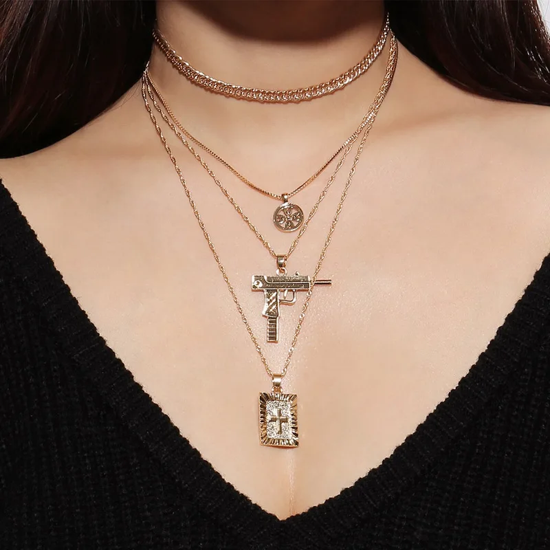 

Vintage Multilayer Anti War Gun Cross Pendant Necklaces Women Exaggerated Thick Chain Long Necklace Jewelry Maxi Kolye YN535