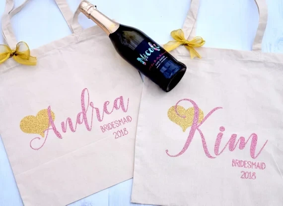 Personalize Glitter Wedding Day Bride Bridesmaid Canvas Tote Bags Personalize Glitter Wedding Day Bride Bridesmaid Canvas Tote Bags Bridal Shower Thank You Hen Weekend Party
