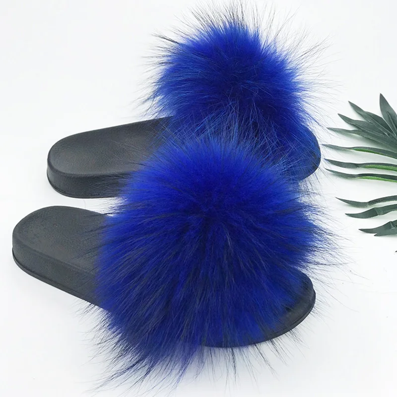 ZDFURS* New Arrivals Real Raccoon Fur Slippers Women Fluffy Fur Slides Spring Autumn Winter Indoor Outdoor Shoes - Цвет: F