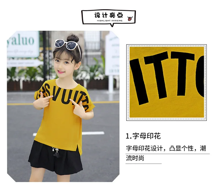 Summer Children Clothing Sets For Girls 2019 Fashion Letter Print Tshirts Tops Shorts Teenage Clothes 2Pcs Kids Suit 10 12 Years (2)