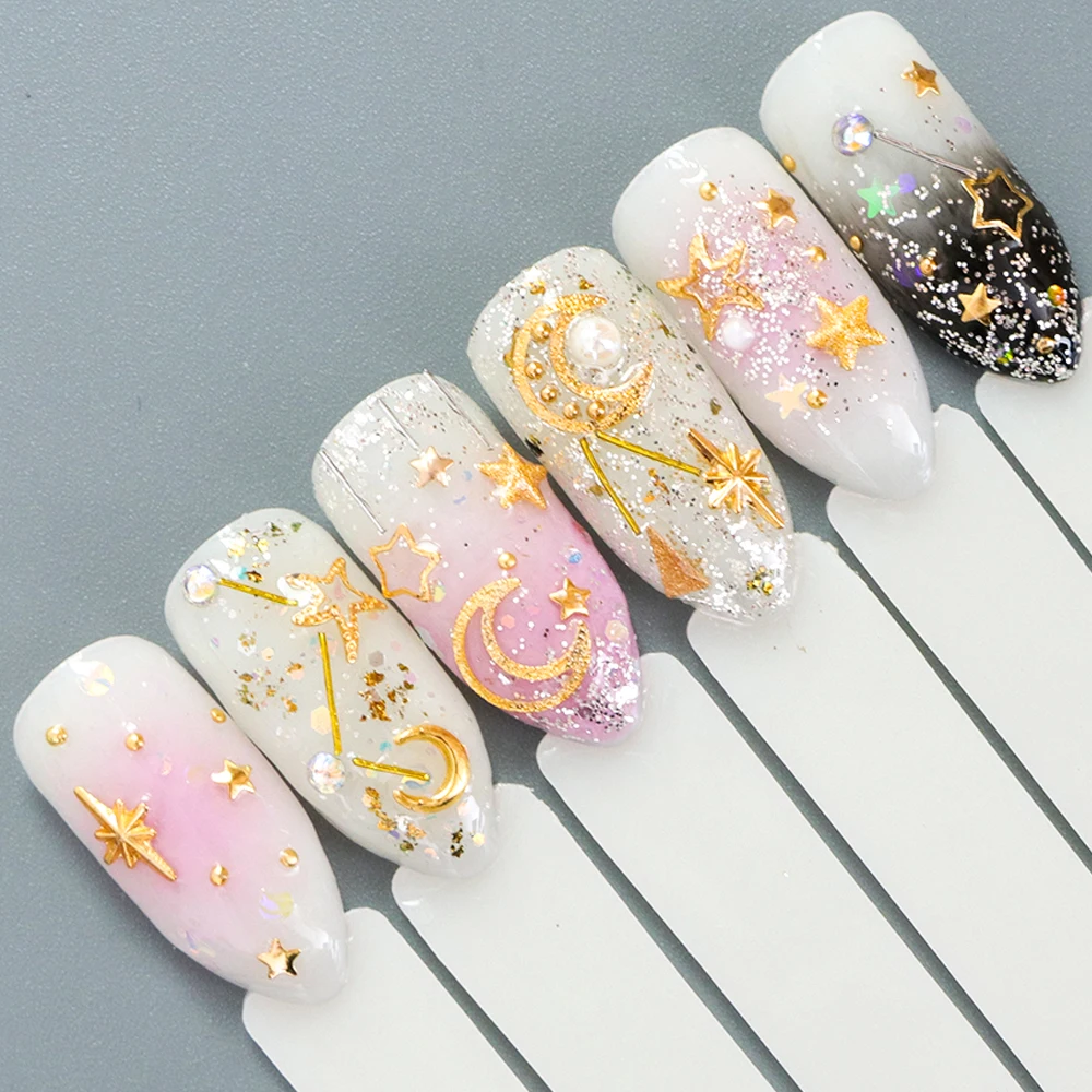 Full Beauty Metal Copper 3D Nail Art Star Moon Designs Gold Silver Aolly Rivet Studs for Nails Tips Decorations Flakes CH682|Стразы и