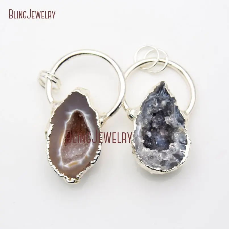 

Agates Geode Druzy Pendant Silver Dipped Fancy Hoop Pendant Geode Half Druzy Crystal Pendant PM21931