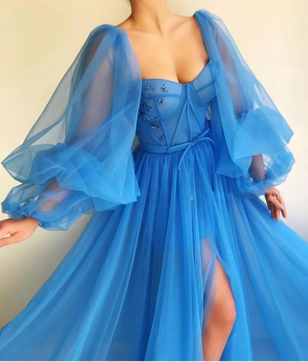 2019 Blue Dubai Evening Dresses Long Sexy Slit V-Neck Beaded Tulle Formal Dress for Evening Party robe de soiree