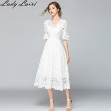 Брендовое элегантное сексуальное кружевное женское длинное платье летнее Стильное повседневное приталенное платье с рукавом три четверти и v-образным вырезом белое платье для работы Vestidos