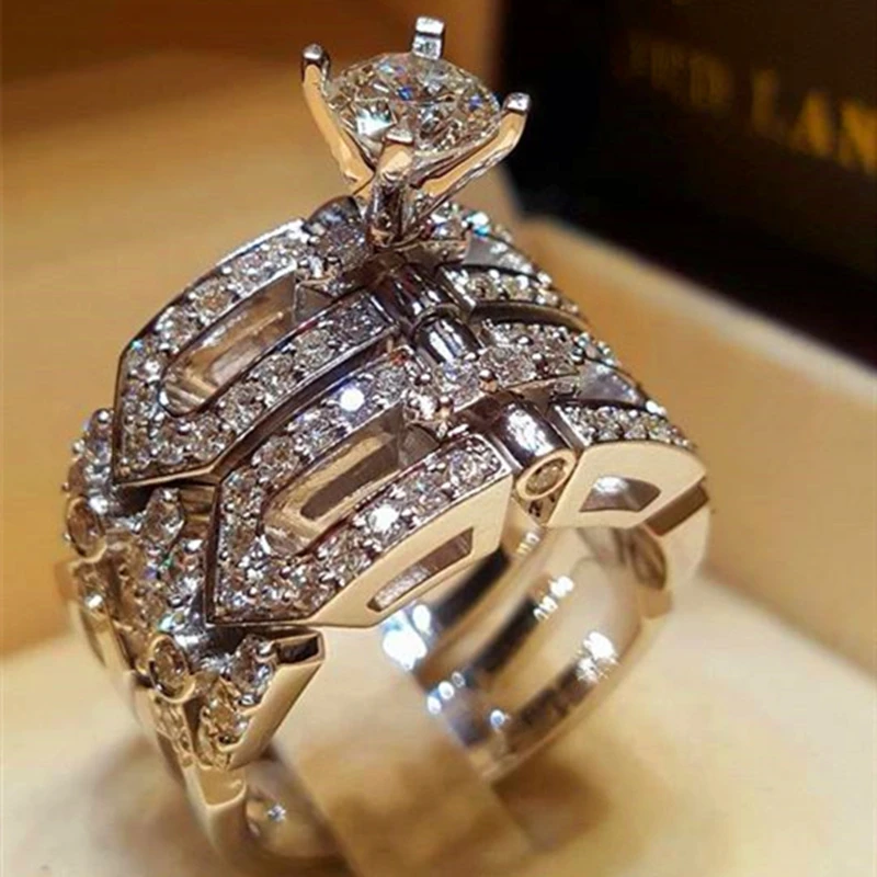

Crystal Female Big Stone Ring Set Boho Fashion Queen 925 Silver Bridal Engagement Rings For Women Promise Love Finger Ring
