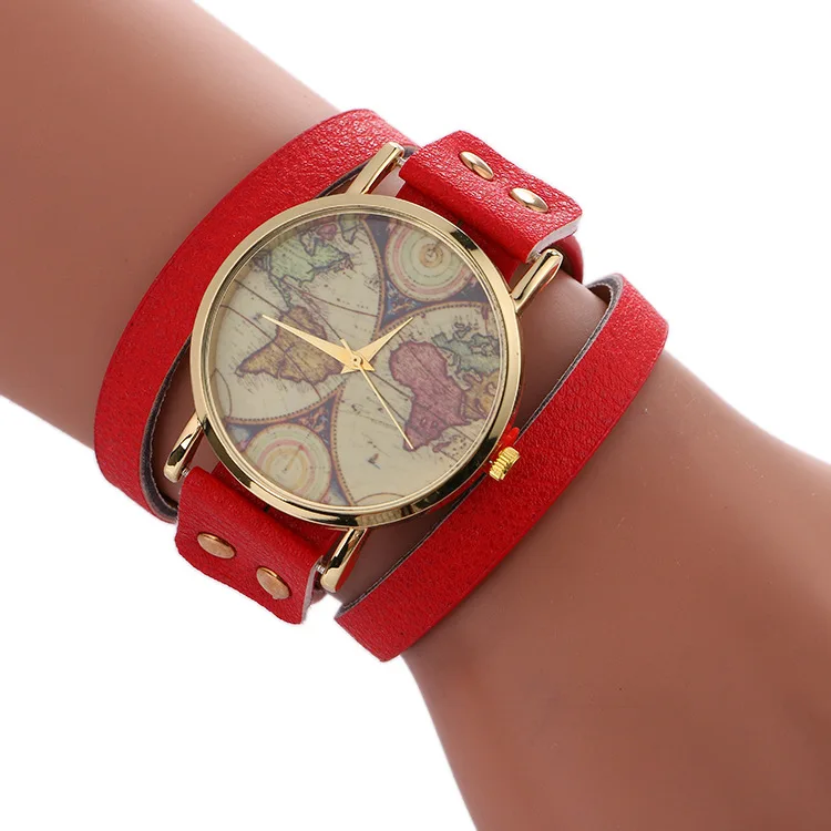 

2017 Red Women's Watches Fashion Casual Quartz Wristwatches PU Leather Strap Bracelet Watches Ladies Relogio Feminino World Map