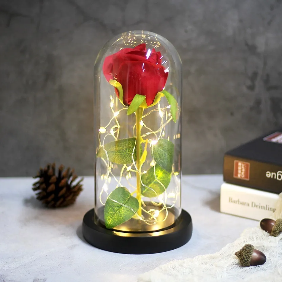 Подарки на день Святого Валентина искусственные цветы Красавица и Чудовище цветок розы в стеклянном куполе бруилофт украшения вечерние подарок на Рождество - Цвет: red