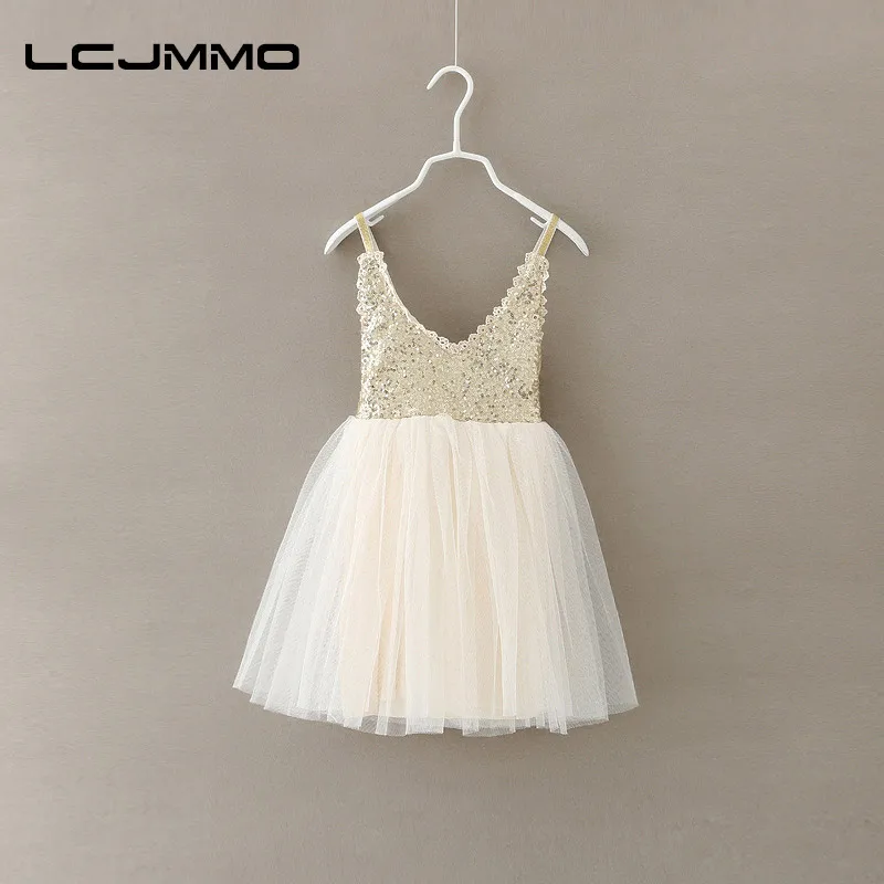 LCJMMO Girls Dress 2017 New Summer Gold Sequined Lace Sling White Tutu Dresses For Party Wedding