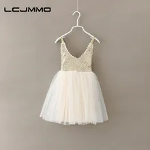 LCJMMO Girls Dress 2017 New Summer Gold Sequined Lace Sling White Tutu Dresses For Party Wedding