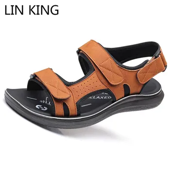 

LIN KING Top Quality Vintage Soft Sole Men Sandals Summer Pu Leather Beach Sandals Breathable Non Slip Man Outdoor Flats Sandals