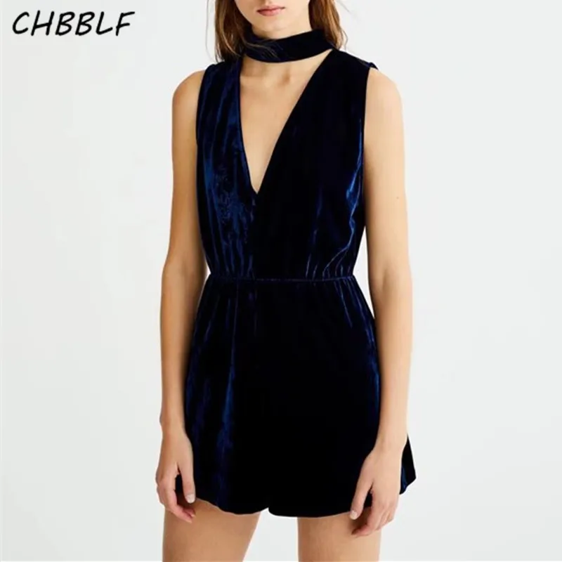 

Women solid V neck velvet jumpsuits backless Rompers elastic waist casual overalls bodysuits XDN8354