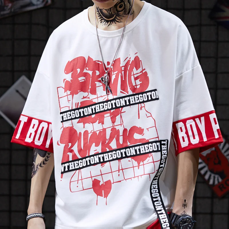 Футболка Хип-хоп мужские с летней темной высокой улицей поддельные два Guochao брендовые студенческие свободные футболки с 7 рукавами