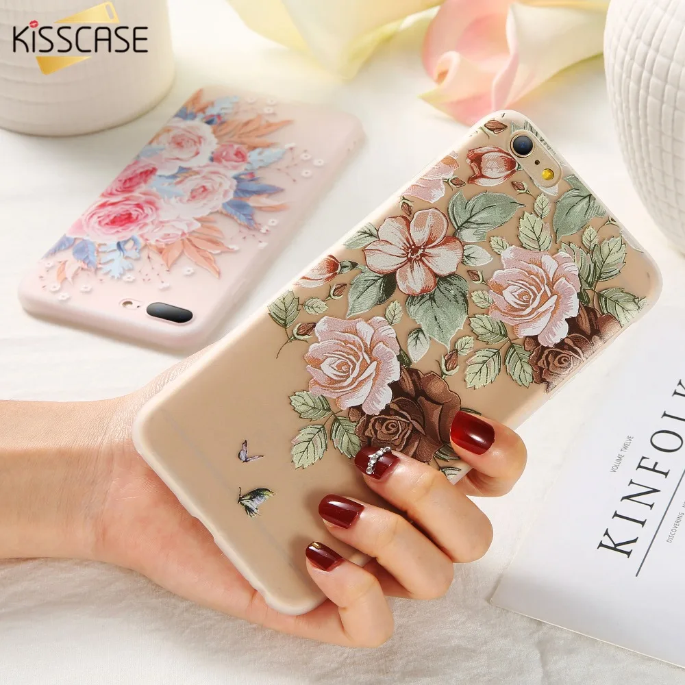 

KISSCASE Soft Silicone Case For iPhone 6 6S Plus 7 7 Plus Case Elegant Girl 3D Relief Flowers Case For iPhone 5 5s SE X 8 8 Plus