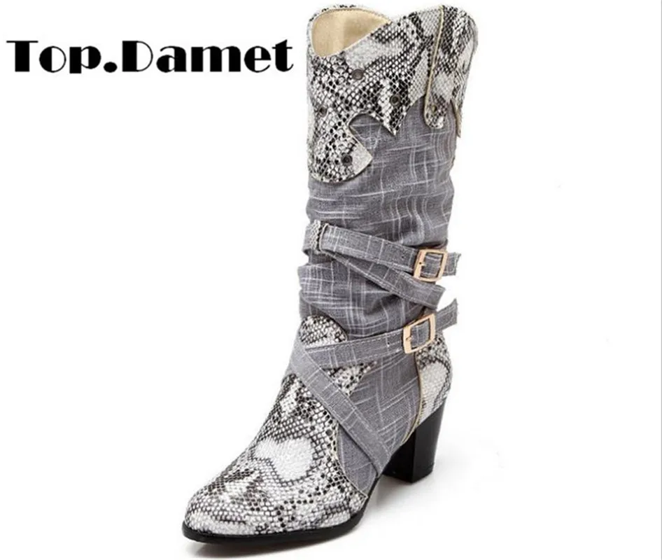 

Top.Damet Women High Heel Knee High Buckle Snake Print Pointed Toe PU Leather Autumn Spring Winter Casual Cowboy Boots Female