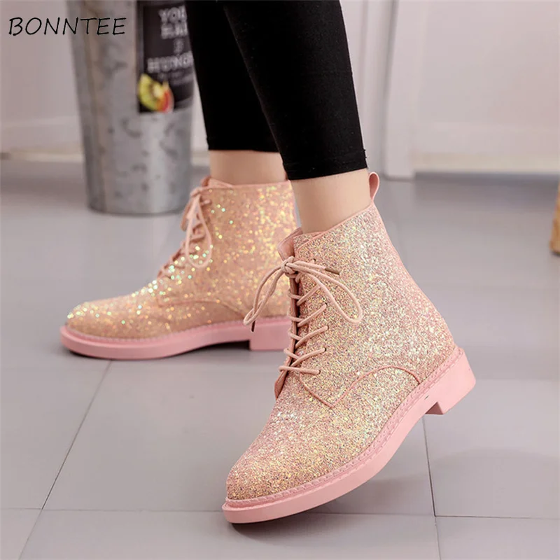 

Boots Women Fashion Sequined Cloth Lace Up Shoes British Womens Autumn Round Toe Ankle Pink Boot Bling Casual Female All-match