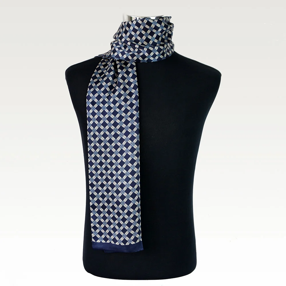 CISULI 100%Silk Satin Long Scarf For Men 26X160cm New Desigual Printed Pattern Blue Plaid China Silk