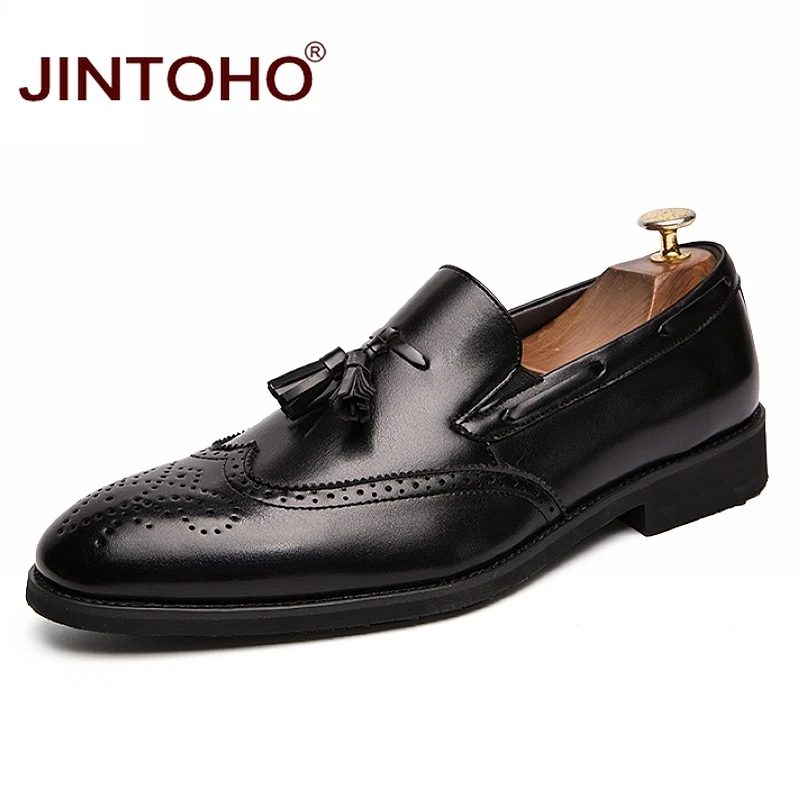 

JINTOHO Big Size Men Genuine Leather Shoes Breathable Men Formal Shoes Slip On Dress Shoes Tassel Black Leather Moccasins